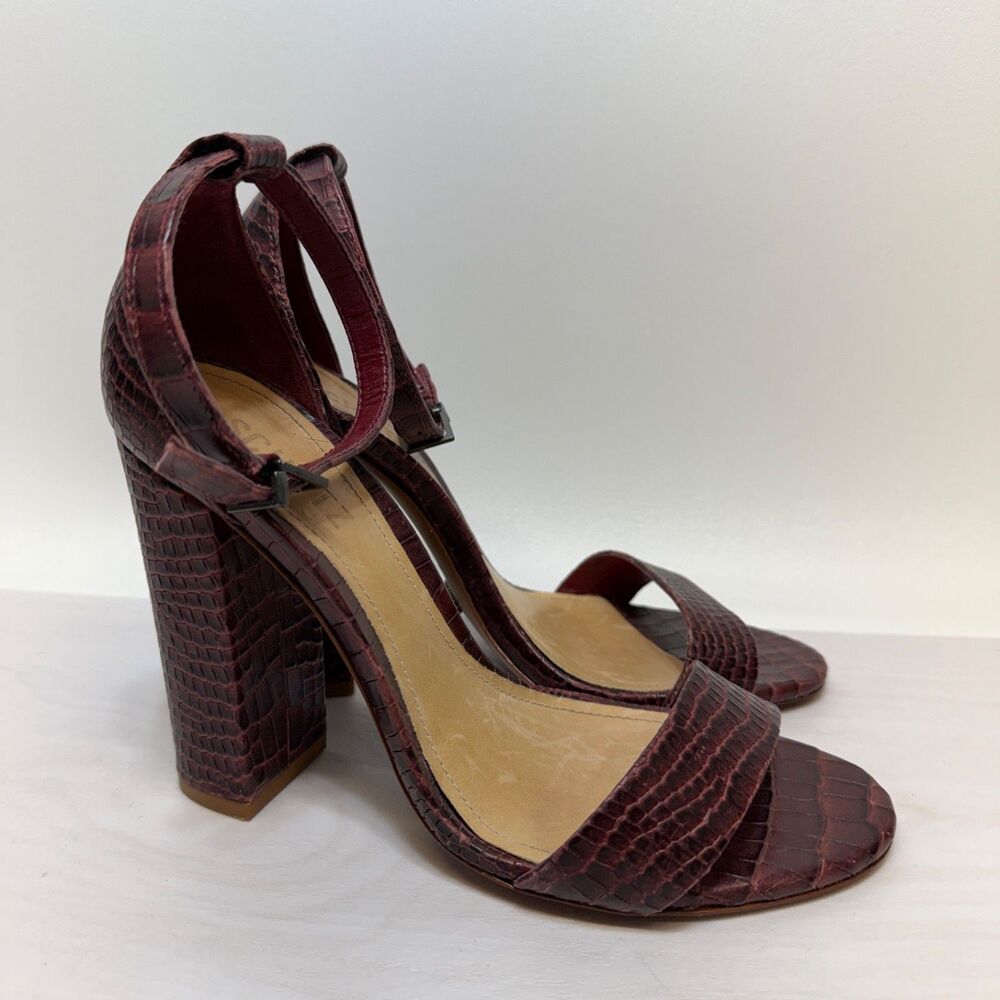 Schutz Enida Croc Embossed Heels Women's Size 7.5 B Shoes Burgundy Leather Pumps